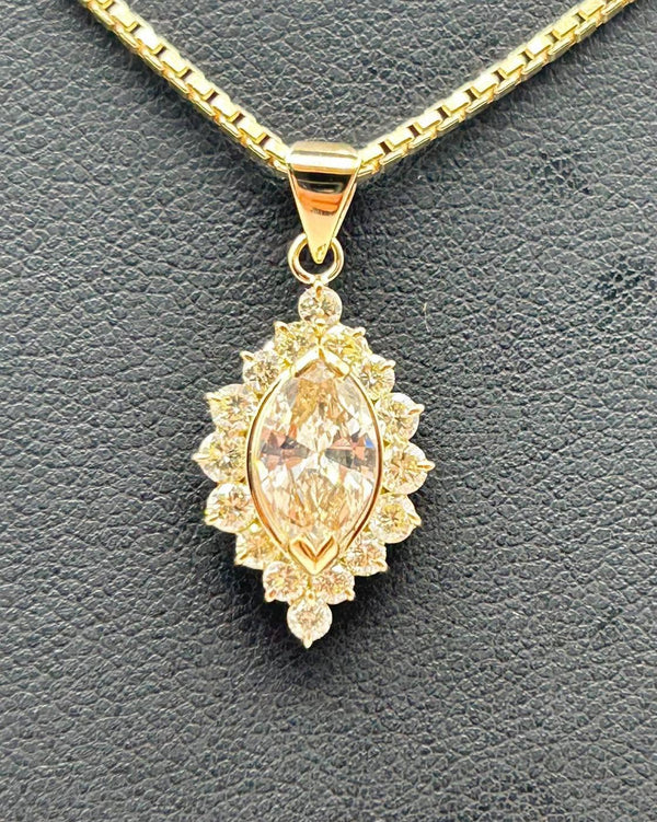 K18 Yellow Gold Marquise & Halo Diamond Pendant Necklace