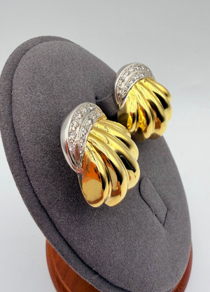 Spectacular K18 Two-Tone Diamond Fluted Shell Statement Earrings