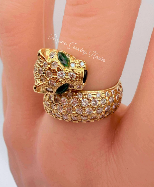 K18 Yellow Gold 2.27ct Diamond & 0.88ct Emerald Panther Ring Heavy 11.7g Size 6 Statement Jewelry