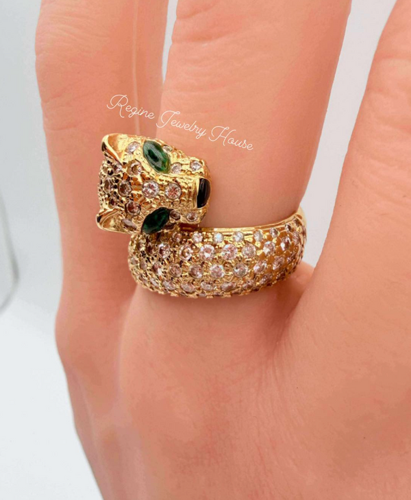 K18 Yellow Gold 2.27ct Diamond & 0.88ct Emerald Panther Ring Heavy 11.7g Size 6 Statement Jewelry