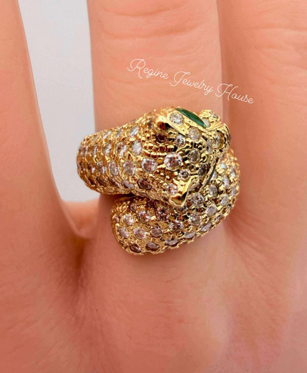 K18 Yellow Gold 2.27ct Diamond & 0.88ct Emerald Panther Ring Heavy 11.7g Size 6 Statement Jewelry