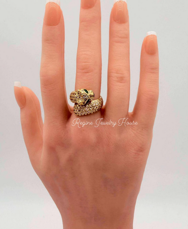 K18 Yellow Gold 2.27ct Diamond & 0.88ct Emerald Panther Ring Heavy 11.7g Size 6 Statement Jewelry