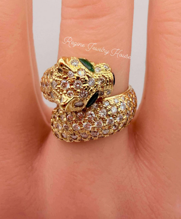 K18 Yellow Gold 2.27ct Diamond & 0.88ct Emerald Panther Ring Heavy 11.7g Size 6 Statement Jewelry