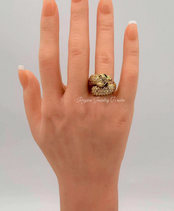 K18 Yellow Gold 2.27ct Diamond & 0.88ct Emerald Panther Ring Heavy 11.7g Size 6 Statement Jewelry