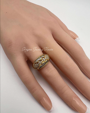 K18 Yellow Gold 1.11ct Diamond Wide Band Ring - Baguette & Round Cut Wave Design - Size US 6.5 / JP 13