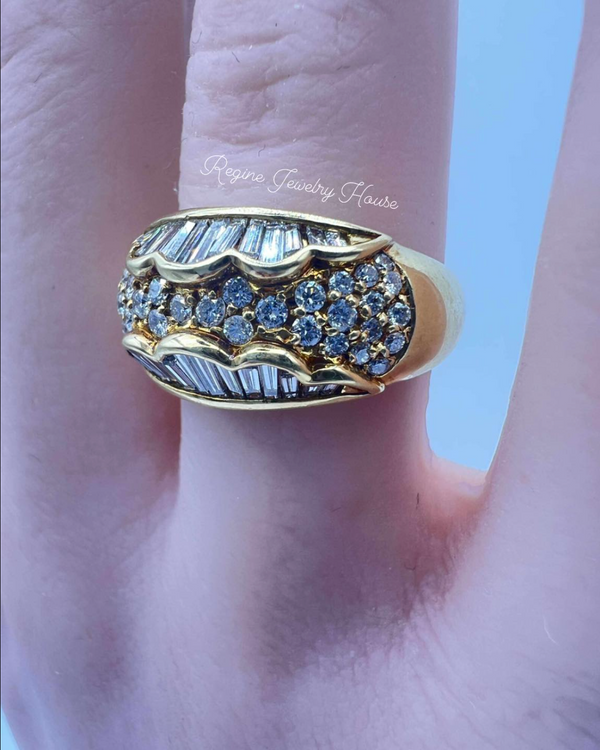 K18 Yellow Gold 1.11ct Diamond Wide Band Ring - Baguette & Round Cut Wave Design - Size US 6.5 / JP 13