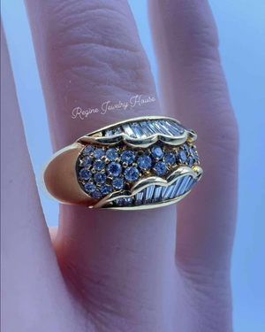 K18 Yellow Gold 1.11ct Diamond Wide Band Ring - Baguette & Round Cut Wave Design - Size US 6.5 / JP 13