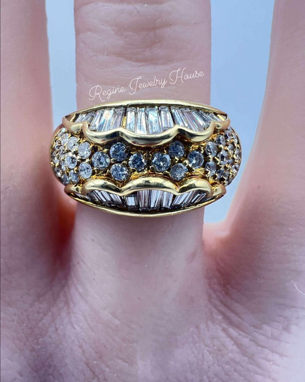 K18 Yellow Gold 1.11ct Diamond Wide Band Ring - Baguette & Round Cut Wave Design - Size US 6.5 / JP 13