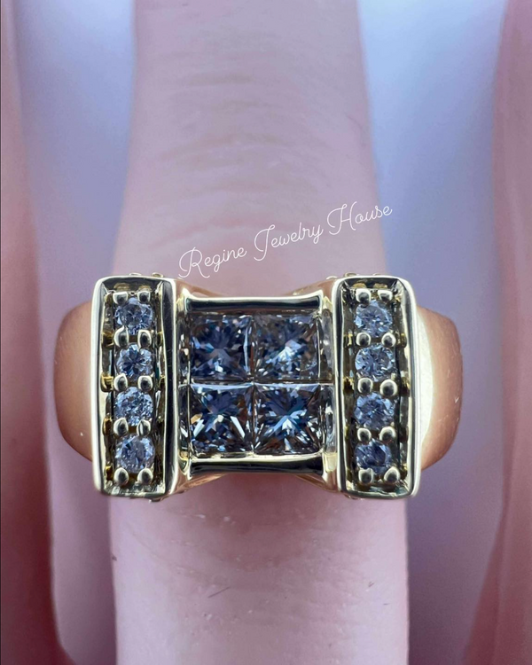 18K Yellow Gold Diamond Ring 0.60ct Size 5 US - Princess Cut Quad Geometric Design 5.0g