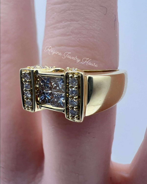 18K Yellow Gold Diamond Ring 0.60ct Size 5 US - Princess Cut Quad Geometric Design 5.0g