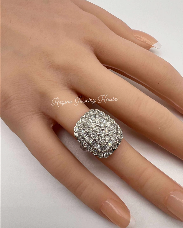 Solid PT900 Platinum 2.00ct Diamond Statement Ring - Massive 13.9g - Baguette & Round Cut