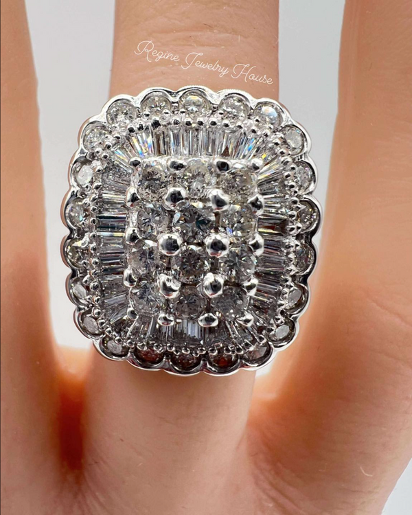 Solid PT900 Platinum 2.00ct Diamond Statement Ring - Massive 13.9g - Baguette & Round Cut