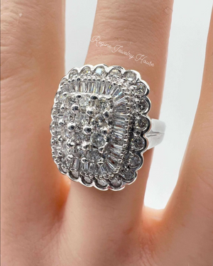 Solid PT900 Platinum 2.00ct Diamond Statement Ring - Massive 13.9g - Baguette & Round Cut