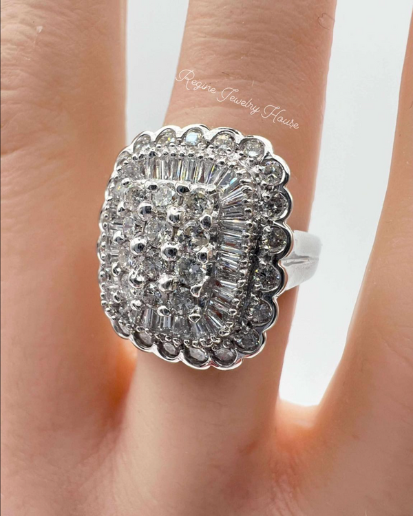 Solid PT900 Platinum 2.00ct Diamond Statement Ring - Massive 13.9g - Baguette & Round Cut