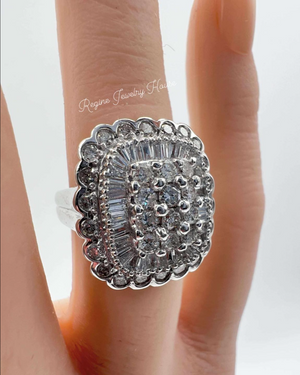 Solid PT900 Platinum 2.00ct Diamond Statement Ring - Massive 13.9g - Baguette & Round Cut