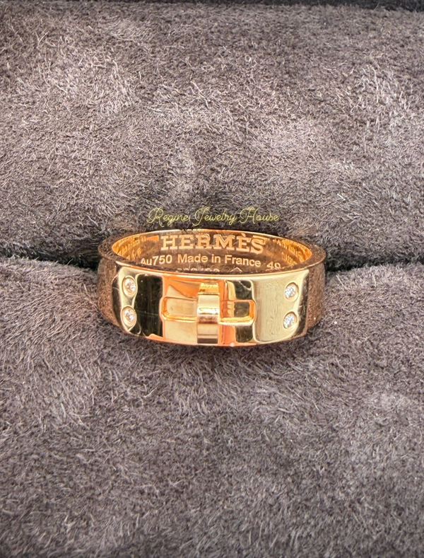 Authentic HERMES Kelly Diamond Ring - 18K Pink Gold (750) Size 49 - Classic Lock Motif