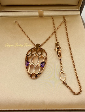 Authentic BVLGARI Serpenti 18K Rose Gold Necklace - Amethyst Eyes & Geometric Scales - Box & Certificarion