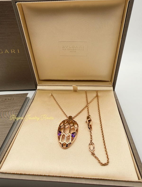 Authentic BVLGARI Serpenti 18K Rose Gold Necklace - Amethyst Eyes & Geometric Scales - Box & Certificarion