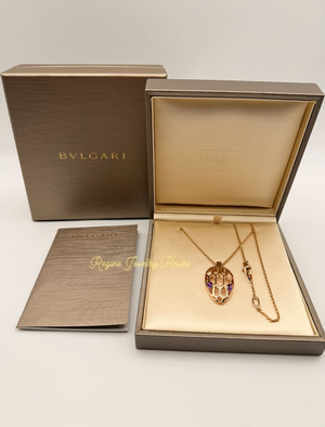 Authentic BVLGARI Serpenti 18K Rose Gold Necklace - Amethyst Eyes & Geometric Scales - Box & Certificarion