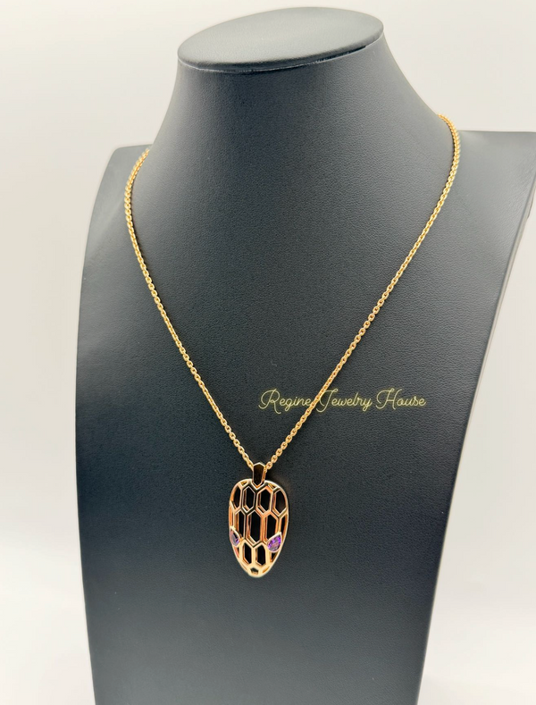 Authentic BVLGARI Serpenti 18K Rose Gold Necklace - Amethyst Eyes & Geometric Scales - Box & Certificarion