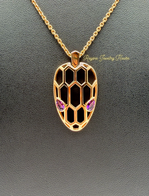 Authentic BVLGARI Serpenti 18K Rose Gold Necklace - Amethyst Eyes & Geometric Scales - Box & Certificarion