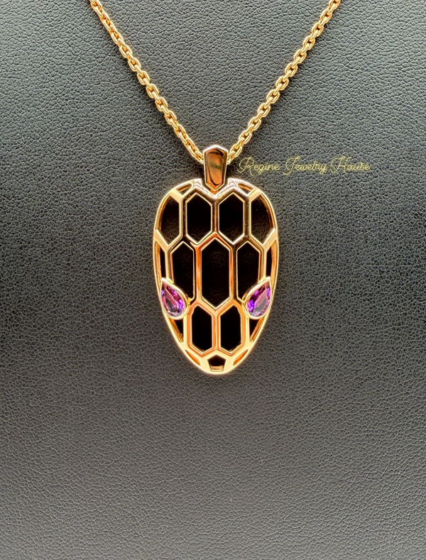 Authentic BVLGARI Serpenti 18K Rose Gold Necklace - Amethyst Eyes & Geometric Scales - Box & Certificarion