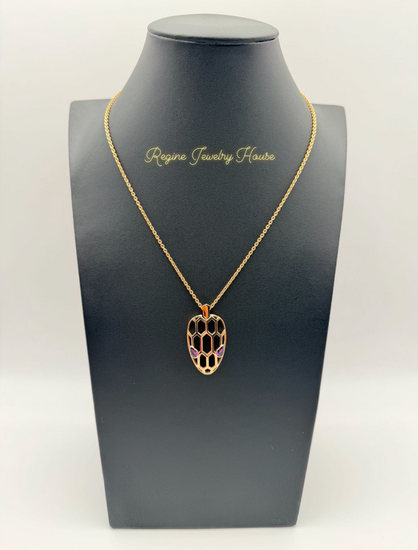 Authentic BVLGARI Serpenti 18K Rose Gold Necklace - Amethyst Eyes & Geometric Scales - Box & Certificarion