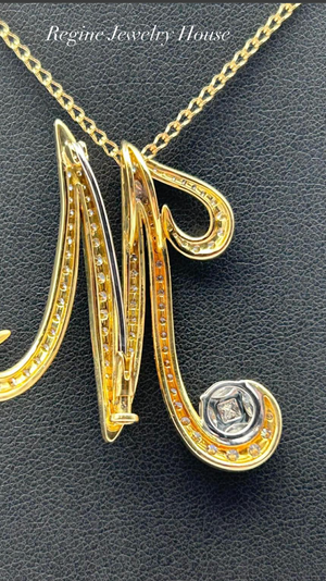 K18 Yellow Gold Diamond “M” Pendant / Brooch