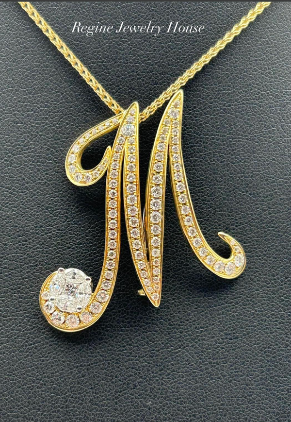 K18 Yellow Gold Diamond “M” Pendant / Brooch