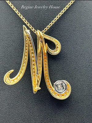 K18 Yellow Gold Diamond “M” Pendant / Brooch